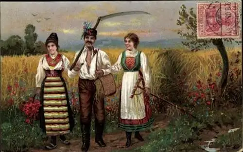 Künstler Ak Bauern kehren von der Feldarbeit zurück, Trachten