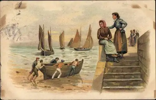 Ak Männer schieben Fischerboot ins Meer