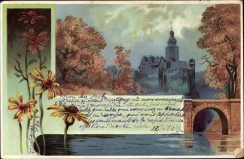 Litho Stadt im Mondschein, Blumen, Blüten