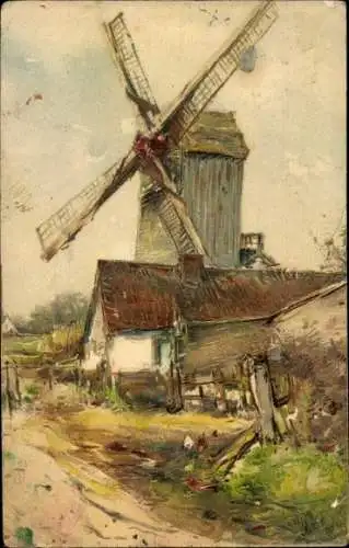 Künstler Ak Windmühle, Dorfmotiv