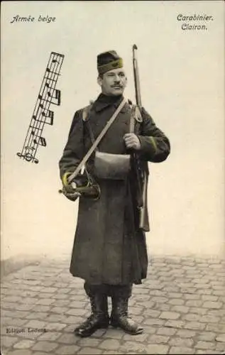 Ak Belgischer Soldat mit Horn und Gewehr