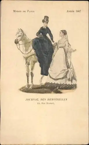 Ak Mode de Paris 1867, Journal des Demoiselles, Rue Drouot, Reiterin und Dienerin