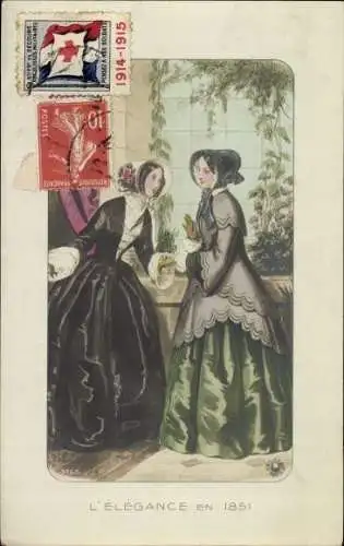 Künstler Ak Zwei elegante Damen in Kleidern von 1851