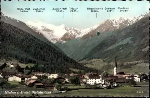 Ak Mieders im Stubaital Tirol, Gesamtansicht, Gletscher