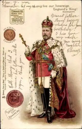 Litho König Edward VII. von England, Standportrait, Königliche Insignien, Krone, Münze