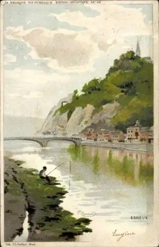 Künstler Litho Ranot, F., Esneux Wallonien Lüttich, Flusspartie, Angler
