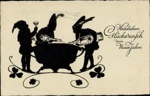 Scherenschnitt Ak Glückwunsch Neujahr, Zwerge trinken Sekt, Glücksklee