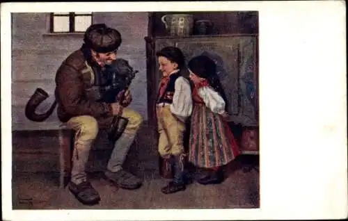 Künstler Ak Spillar, J., Tschechische Tracht, Kinder, Mann mit Dudelsack