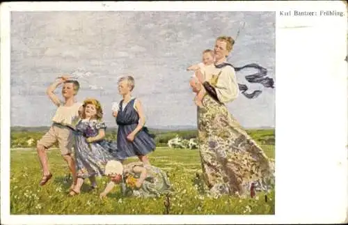 Künstler Ak Bantzer, C., Frühling, Kinder auf der Blumenwiese