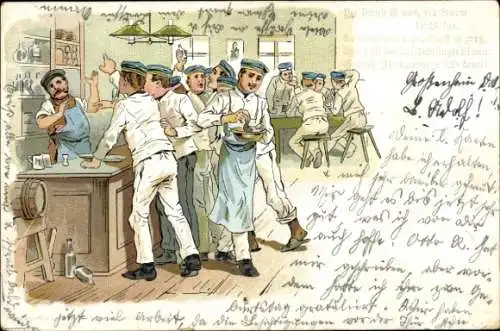 Künstler Litho Deutsche Soldaten in der Kantine, Kantinenwirt, Kartenspiel