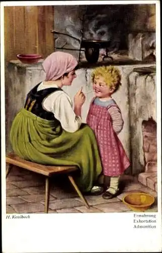 Künstler Ak Kaulbach, H., Ermahnung, Frau mit Kind, Küche