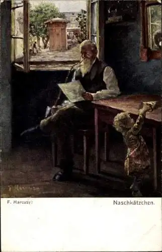 Künstler Ak Marcusy, F., Naschkätzchen, Mann beim Lesen, Pfeife