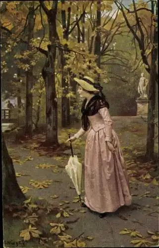 Künstler Ak Niczky, E., Überraschung, Frau in einem Park, Herbst