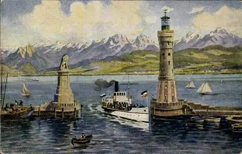 Ak Lindau am Bodensee Schwaben, Hafeneinfahrt, Leuchtturm, Dampfer, Löwenstatue, Ruderboot