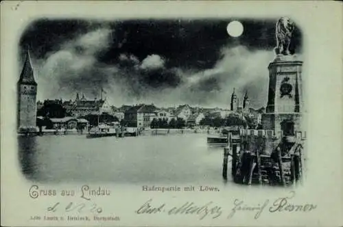 Mondschein Ak Lindau am Bodensee Schwaben, Hafen, Alter Leuchtturm, Ruderboot, Löwenstatue