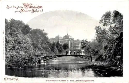 Ak Hamburg Mitte Altstadt, Botanischer Garten, Zoll Direktionsgebäude, Brücke, Gewässer