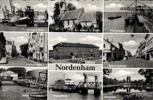 Ak Nordenham in Oldenburg, Weserfähre, Midgardpier, Ev. Kirche in Atens, Bahnhofstraße, Rathaus