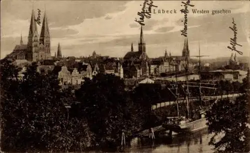 Ak Hansestadt Lübeck, Blick von Westen, Kirche