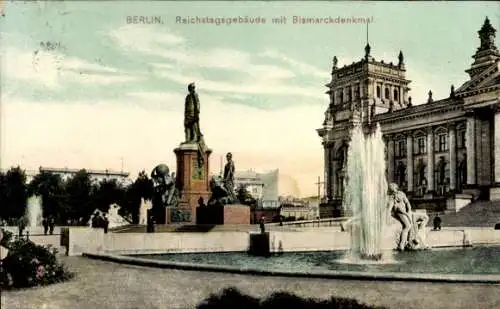 Ak Berlin Tiergarten, Bismarckdenkmal, Reichstagsgebäude, Springbrunnen