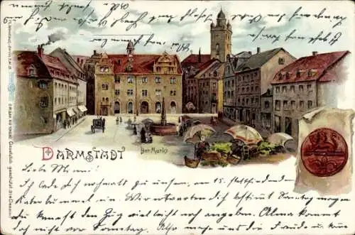 Litho Darmstadt in Hessen, Der Markt, Brunnen