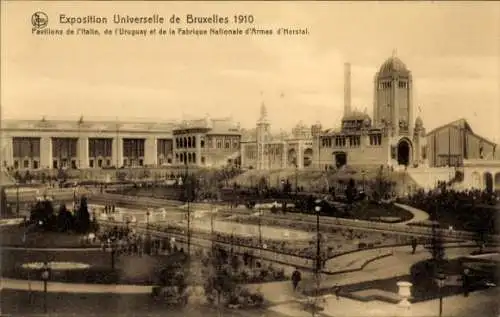 Ak Brüssel Brüssel, Ausstellung 1910, Pavillons von Italien, Uruguay, Fabrique Nationale