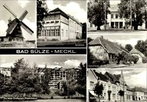 Ak Bad Sülze in Mecklenburg, Windmühle, Sanatorium, Salinenhäuser, Gradierwerk, Friedrichsbau