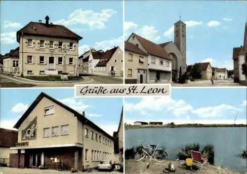 Ak Sankt Leon Rot Roth in Baden, Post, Kirche, Angler, Fahrrad