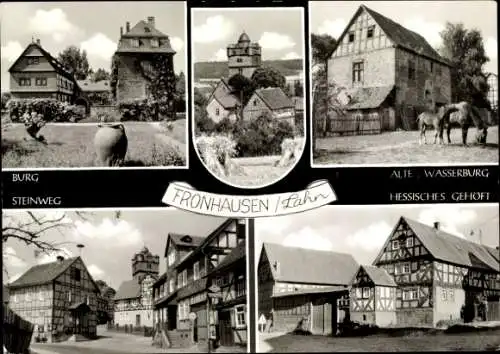 Ak Fronhausen in Hessen, alte Wasserburg, Burg, Steinweg, hessisches Gehöft, Pferde, Fachwerkhaus