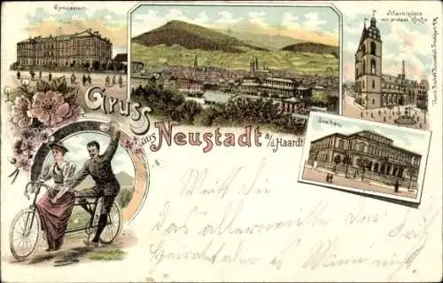 Litho Neustadt an der Weinstraße, Gymnasium, Marktplatz, Saalbau, Tandem, Fahrradfahrer