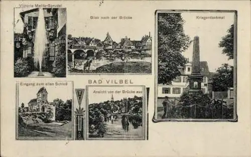 Ak Bad Vilbel in Hessen, Altes Schloss, Victoria-Melita-Sprudel, Kriegerdenkmal