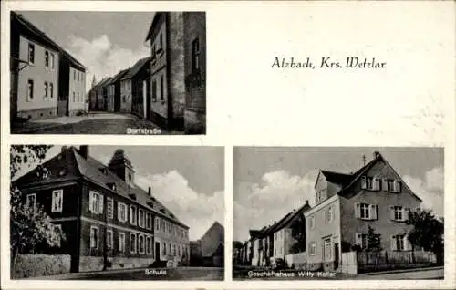 Ak Atzbach Lahnau in Hessen, Dorfstraße, Schule, Geschäftshaus Willy Keller