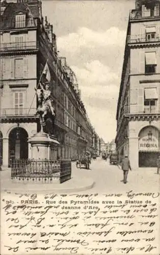Ak Paris I Louvre, Rue des Pyramides, Statue von Jeanne d'Arc