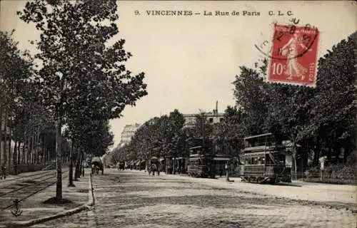 Ak Vincennes Val de Marne, La Rue de Paris, Tramways