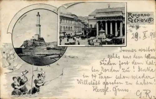 Ak Genova Genua Ligurien, Leuchtturm, Gebäude, Denkmal, Platz