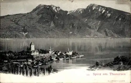 Ak Spiez am Thuner See Kanton Bern, Gesamtansicht, Berge