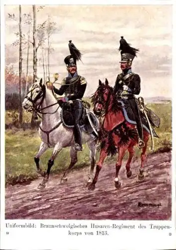 Künstler Ak Beyer-Pegau, Braunschweigisches Husaren-Regiment des Truppenkorps von 1813, Uniformen