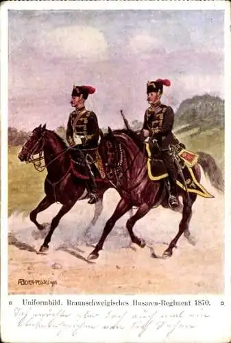 Künstler Ak Beyer-Pegau, Braunschweigisches Husaren-Regiment 1870, Uniformen