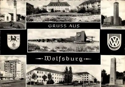 Ak Wolfsburg in Niedersachsen, VW Werk, Ehrenmal, Kirche, Porschstr., Robert Koch Platz, Wappen