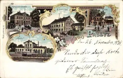 Litho Preetz in Holstein, Bahnhof, Gleisseite, Bahnhofs Hotel, Rathaus