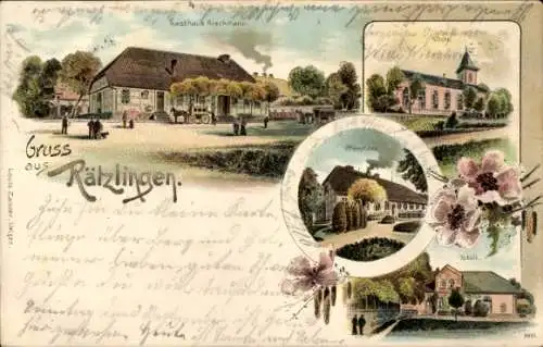 Litho Rätzlingen in Niedersachsen, Gasthaus Rieckmann, Pfarrhaus, Kirche, Schule