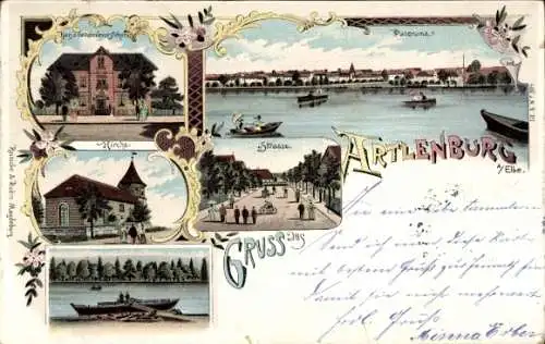 Litho Artlenburg an der Elbe, Haus des Gemeindevorstehers, Kirche, Panorama