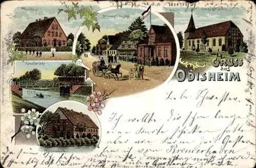 Litho Odisheim in Niedersachsen, Hauptschule, Gasthof, Pfarrhaus, Kirche