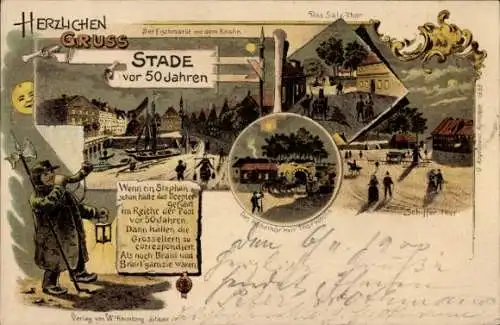 Litho Stade in Niedersachsen, Fischmarkt mit dem Kran, Salztor, Schiffertor, Hohetor, Nachtwächter