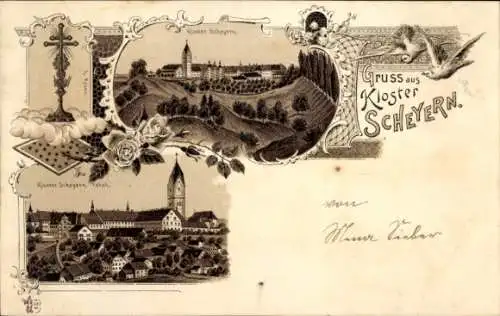 Litho Scheyern in Oberbayern, Kloster Scheyern, Panorama, Kreuz