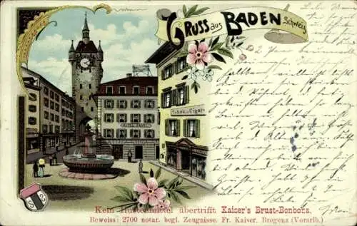 Litho Baden Kt. Aargau Schweiz, Platz, Brunnen, Turmuhr, Hotel Engel