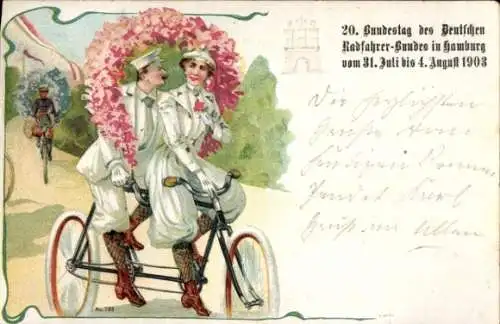 Litho Paar auf dem Tandem, Fahrradfahrer, Blumenkranz