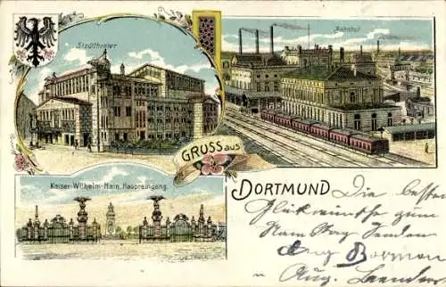 Ak Dortmund im Ruhrgebiet, Stadttheater, Bahnhof, Eisenbahn, Kaiser-Wilhelm-Hain