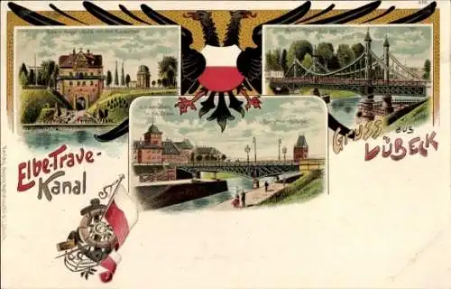 Wappen Litho Hansestadt Lübeck, Navigationsschule, Kaisertor, Mühlentorbrücke, Elbe-Trave-Kanal