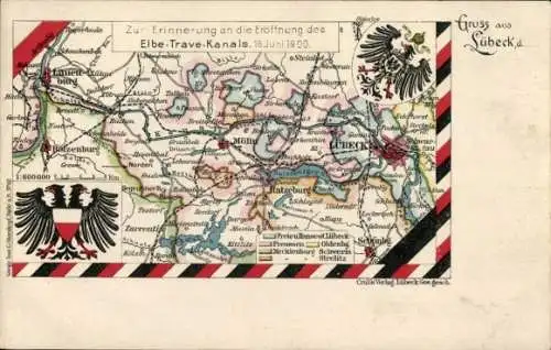 Landkarten Wappen Ak Hansestadt Lübeck, Eröffnung des Elbe-Trave-Kanals 1900