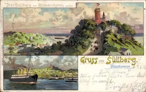 Litho Hamburg Altona Blankenese, Süllberg, Bismarckstein, Dampfer Auguste Victoria